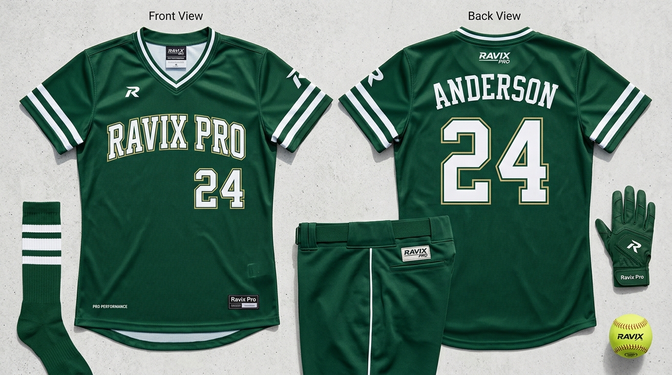 Custom Forest Green Softball Uniform Custom Forest Green Softball Uniform – custom manufactured by Ravix Pro Industry, Sialkot, Pakistan