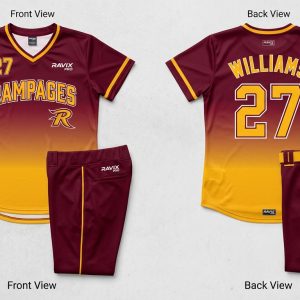 Custom Maroon and Gold Fade Softball Uniform – custom manufactured by Ravix Pro Industry, Sialkot, Pakistan