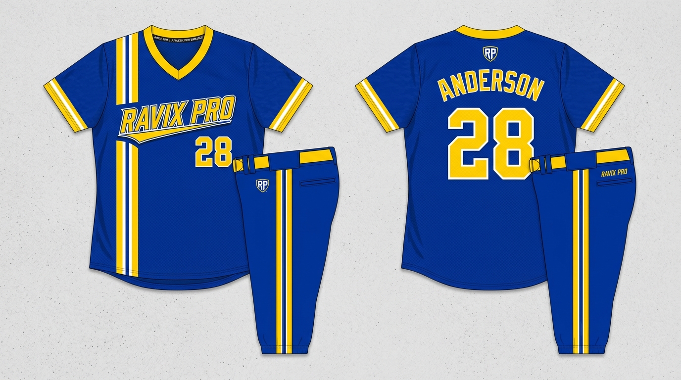 Custom Royal Blue and Gold Softball Uniform Custom Royal Blue and Gold Softball Uniform – custom manufactured by Ravix Pro Industry, Sialkot, Pakistan
