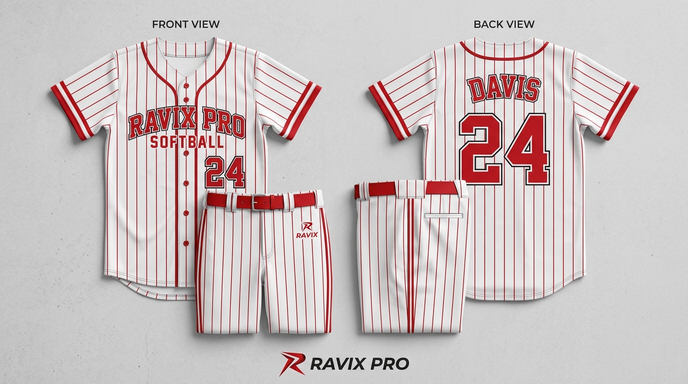 Custom White and Red Pinstripe Softball Uniform Custom White and Red Pinstripe Softball Uniform – custom manufactured by Ravix Pro Industry, Sialkot, Pakistan