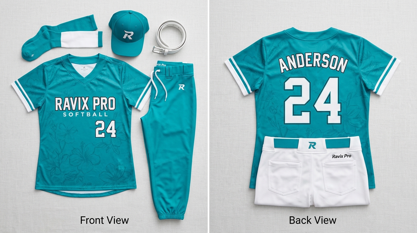 Custom Teal and White V-Neck Softball Uniform with Cap Custom Teal and White V-Neck Softball Uniform with Cap – custom manufactured by Ravix Pro Industry, Sialkot, Pakistan