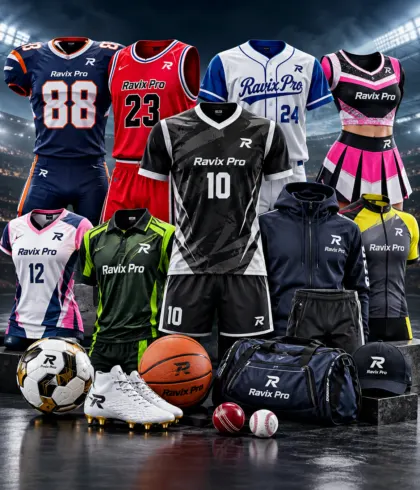 Custom Sportswear manufactured by Ravix Pro Industry in Sialkot, Pakistan