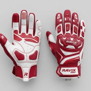 Custom Red and White Batting Gloves – custom manufactured by Ravix Pro Industry, Sialkot, Pakistan