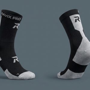 Custom Black and White Crew Socks – custom manufactured by Ravix Pro Industry, Sialkot, Pakistan