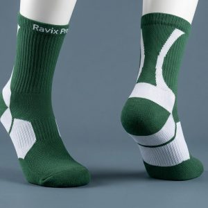 Custom Green and White Sports Socks – custom manufactured by Ravix Pro Industry, Sialkot, Pakistan