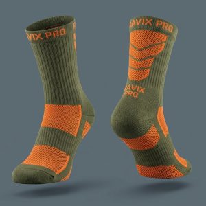 Custom Olive and Orange Sports Socks – custom manufactured by Ravix Pro Industry, Sialkot, Pakistan