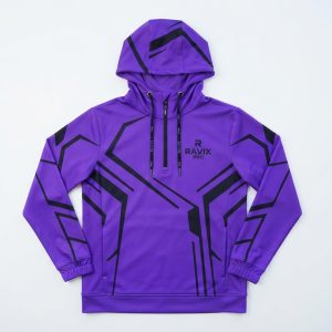 Custom Purple Pullover Sports Hoodie with Geometric Print – custom manufactured by Ravix Pro Industry, Sialkot, Pakistan