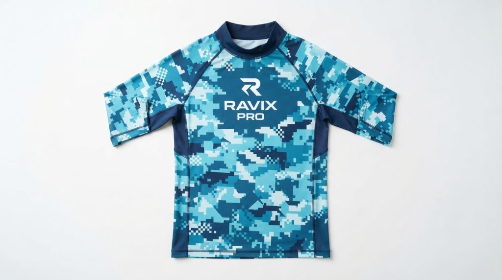 Custom Turquoise and Navy Swim Rash Guard – custom manufactured by Ravix Pro Industry, Sialkot, Pakistan
