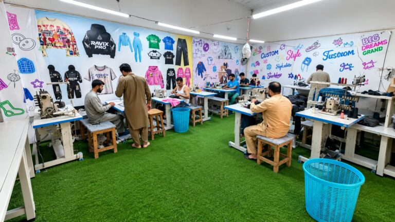 Tailors stitching custom garments on the production floor at Ravix Pro Industry clothing factory in Daska, Sialkot, Pakistan
