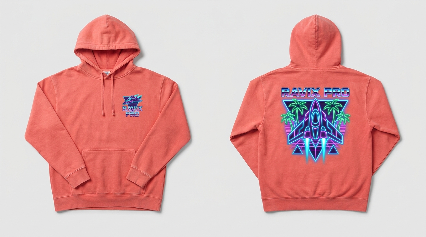Custom Coral Streetwear Hoodie with Neon Palm Back Graphic Custom Coral Streetwear Hoodie with Neon Palm Back Graphic with Neon Palm Back Graphic – custom manufactured by Ravix Pro Industry, Sialkot, Pakistan