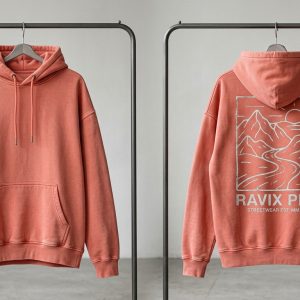 Custom Coral Streetwear Hoodie with Framed Mountain Back Print – custom manufactured by Ravix Pro Industry, Sialkot, Pakistan