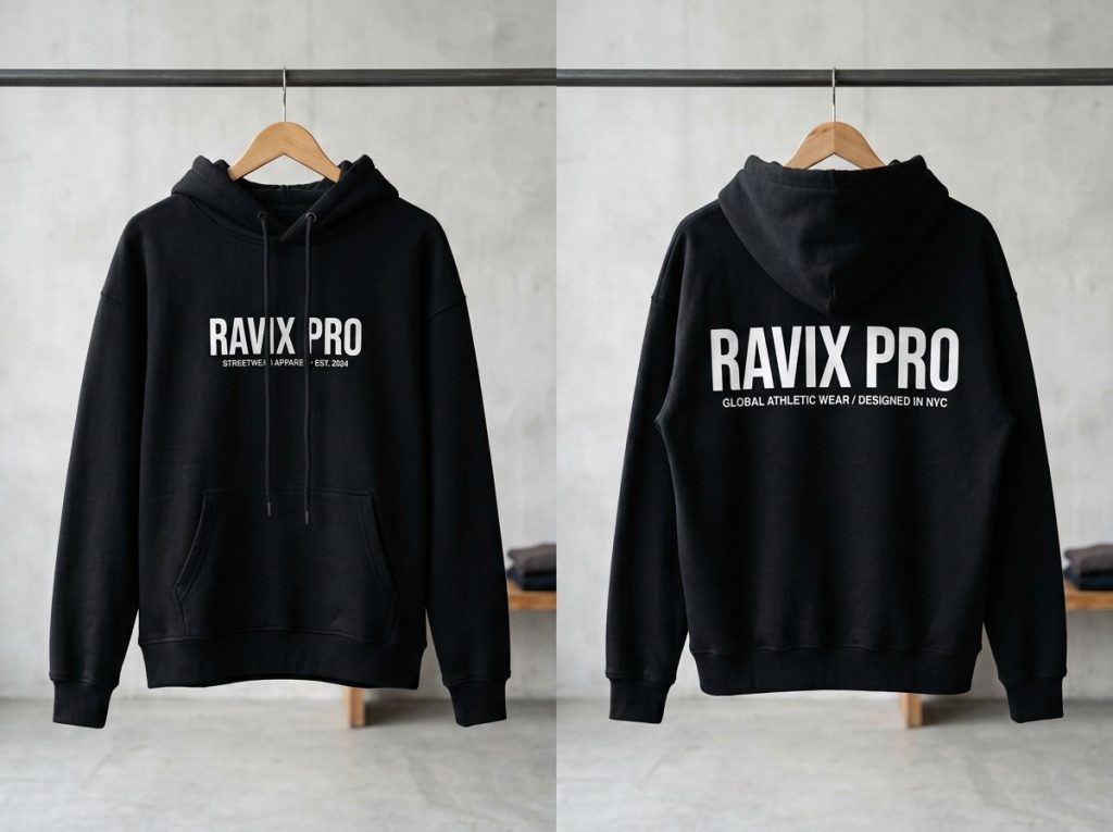 Custom Black Hoodie with Back Print – custom manufactured by Ravix Pro Industry, Sialkot, Pakistan