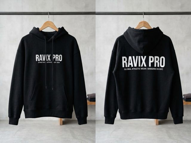 Custom Black Hoodie with Back Print – custom manufactured by Ravix Pro Industry, Sialkot, Pakistan