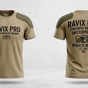 Custom Tan Strength Training Tee – custom manufactured by Ravix Pro Industry, Sialkot, Pakistan