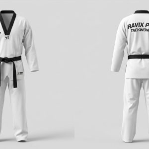 Custom White and Black Taekwondo Dobok with Two-Line Back Print – custom manufactured by Ravix Pro Industry, Sialkot, Pakistan
