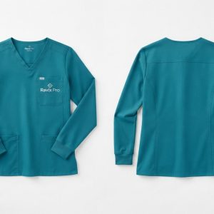 Custom Teal Long Sleeve Medical Scrub Top – custom manufactured by Ravix Pro Industry, Sialkot, Pakistan