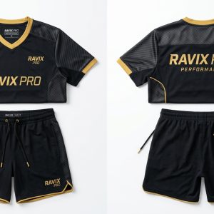 Custom Black and Gold Tennis Kit – custom manufactured by Ravix Pro Industry, Sialkot, Pakistan