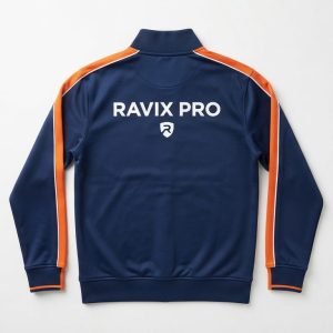 Custom Navy and Orange Track Jacket – custom manufactured by Ravix Pro Industry, Sialkot, Pakistan