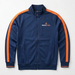 Custom Navy and Orange Track Jacket with Sleeve Stripes and Chest Logo – custom manufactured by Ravix Pro Industry, Sialkot, Pakistan