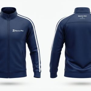 Custom Navy and White Track Jacket – custom manufactured by Ravix Pro Industry, Sialkot, Pakistan