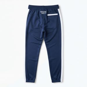 Custom Navy and White Tapered Track Pants with Ribbed Cuffs – custom manufactured by Ravix Pro Industry, Sialkot, Pakistan