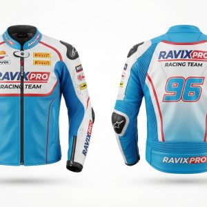 Custom Sky Blue and White Motorcycle Leather Jacket – custom manufactured by Ravix Pro Industry, Sialkot, Pakistan