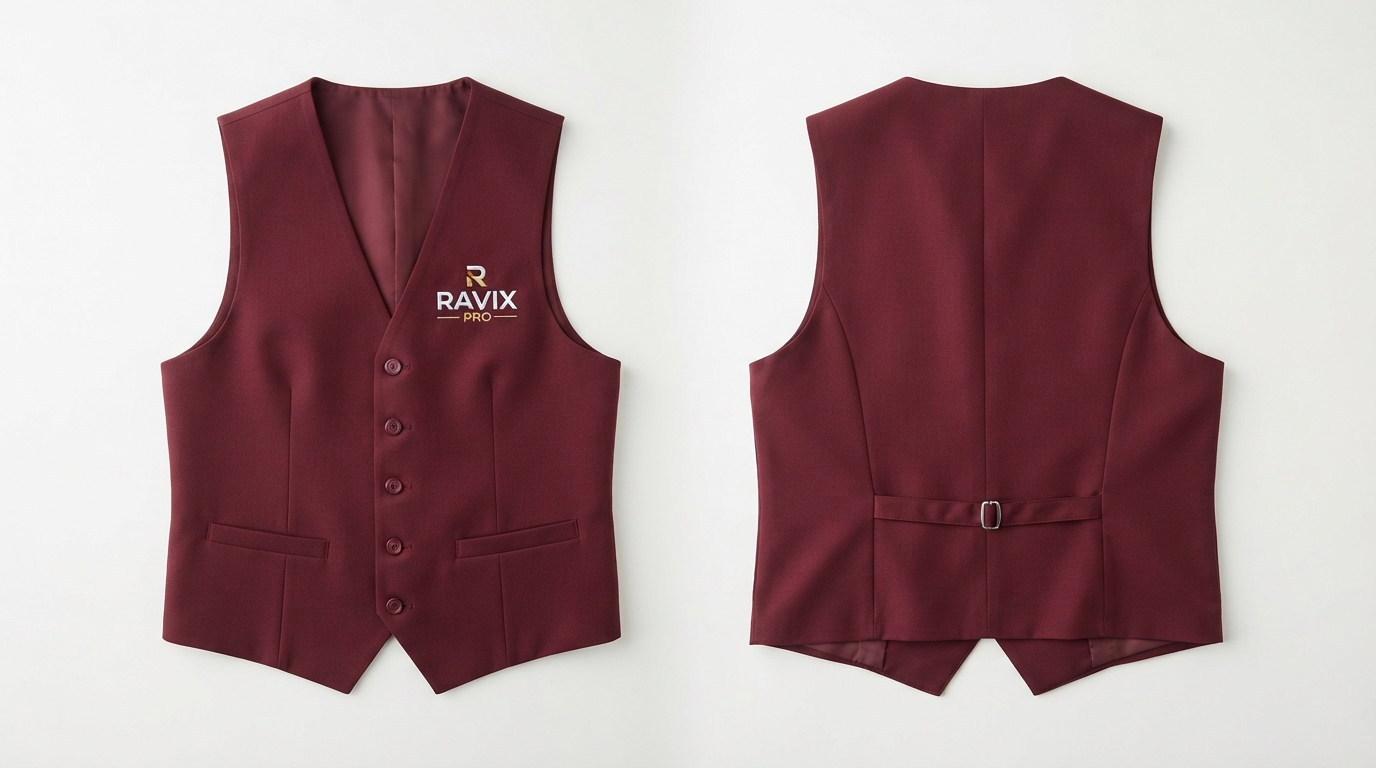 Custom Burgundy Server Vest Custom Burgundy Server Vest – custom manufactured by Ravix Pro Industry, Sialkot, Pakistan