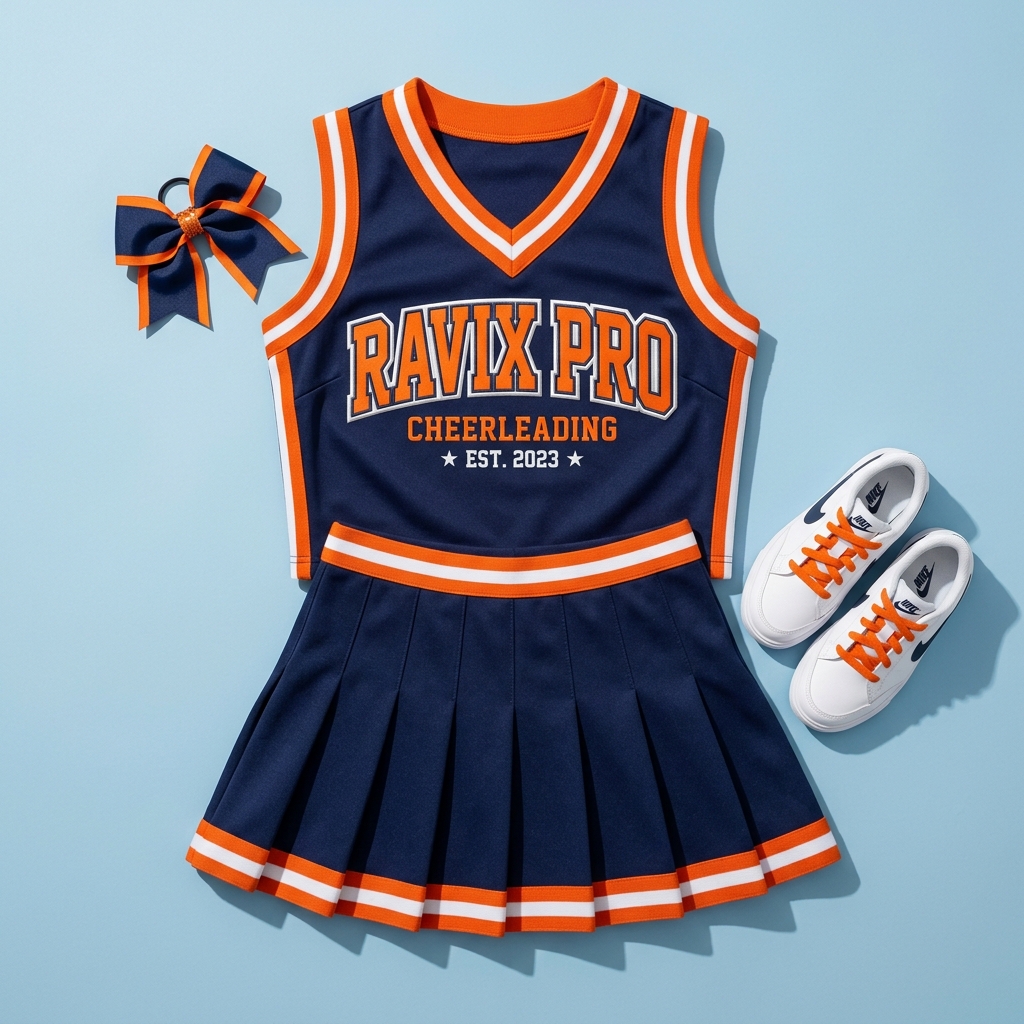 Custom Navy and Orange Cheerleading Uniform Custom Navy and Orange Cheerleading Uniform – custom manufactured by Ravix Pro Industry, Sialkot, Pakistan