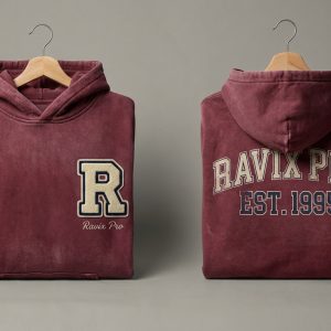 Custom Burgundy Vintage Wash Hoodie with Chenille Letter Patch – custom manufactured by Ravix Pro Industry, Sialkot, Pakistan