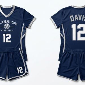 Custom Navy and White V-Neck Volleyball Uniform – custom manufactured by Ravix Pro Industry, Sialkot, Pakistan