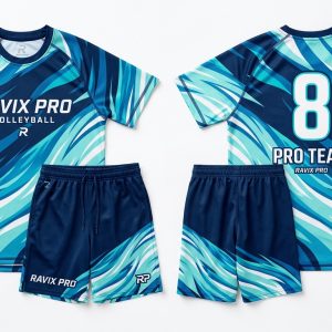 Custom Royal Blue and Teal Volleyball Uniform – custom manufactured by Ravix Pro Industry, Sialkot, Pakistan