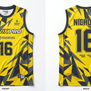 Custom Yellow and Black Sleeveless Shard Print Volleyball Uniform – custom manufactured by Ravix Pro Industry, Sialkot, Pakistan