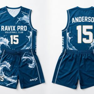 Custom Navy and Teal Volleyball Uniform – custom manufactured by Ravix Pro Industry, Sialkot, Pakistan