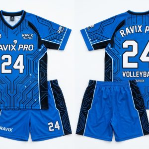 Custom Royal Blue and Navy Circuit Pattern Volleyball Uniform – custom manufactured by Ravix Pro Industry, Sialkot, Pakistan