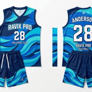 Custom Royal Blue and Navy Volleyball Uniform – custom manufactured by Ravix Pro Industry, Sialkot, Pakistan