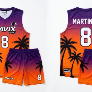 Custom Orange and Purple Volleyball Uniform – custom manufactured by Ravix Pro Industry, Sialkot, Pakistan