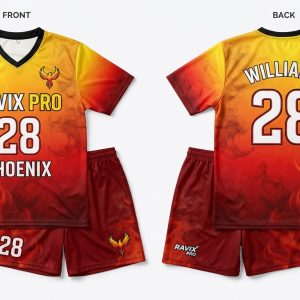 Custom Red and Orange Volleyball Uniform – custom manufactured by Ravix Pro Industry, Sialkot, Pakistan