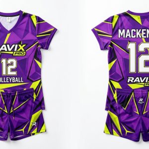 Custom Purple and Yellow Volleyball Uniform – custom manufactured by Ravix Pro Industry, Sialkot, Pakistan