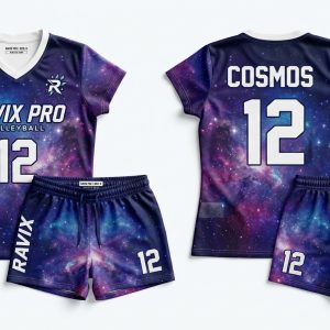 Custom Purple and Navy Volleyball Uniform – custom manufactured by Ravix Pro Industry, Sialkot, Pakistan