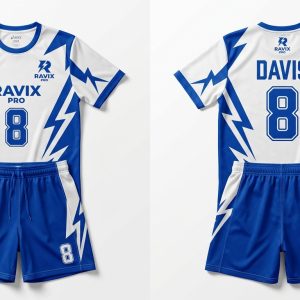 Custom White and Royal Blue Volleyball Uniform – custom manufactured by Ravix Pro Industry, Sialkot, Pakistan
