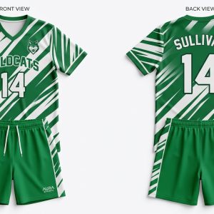 Custom Green and White Diagonal Stripe Volleyball Uniform – custom manufactured by Ravix Pro Industry, Sialkot, Pakistan
