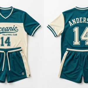 Custom Teal and Cream Volleyball Uniform – custom manufactured by Ravix Pro Industry, Sialkot, Pakistan