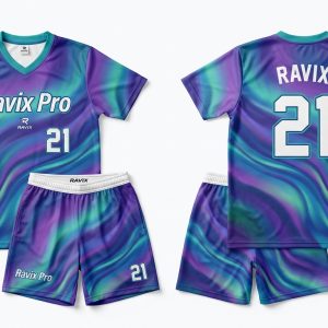 Custom Purple and Turquoise Volleyball Uniform – custom manufactured by Ravix Pro Industry, Sialkot, Pakistan