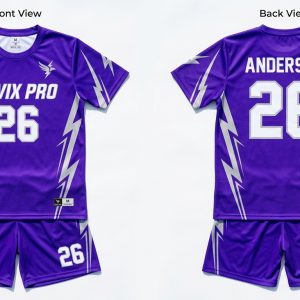Custom Purple and White Volleyball Uniform – custom manufactured by Ravix Pro Industry, Sialkot, Pakistan