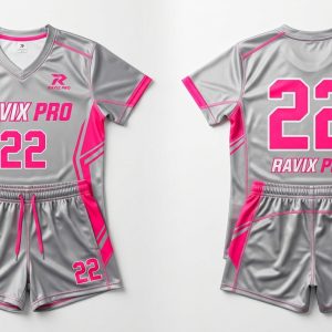 Custom Grey and Pink Volleyball Uniform – custom manufactured by Ravix Pro Industry, Sialkot, Pakistan