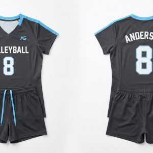 Custom Black and Sky Blue Volleyball Uniform – custom manufactured by Ravix Pro Industry, Sialkot, Pakistan