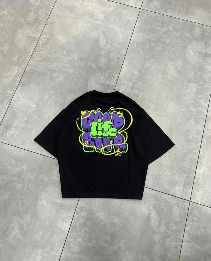Custom black oversized T-shirt with puff print made by Ravix Pro Industry clothing manufacturer in Sialkot, Pakistan