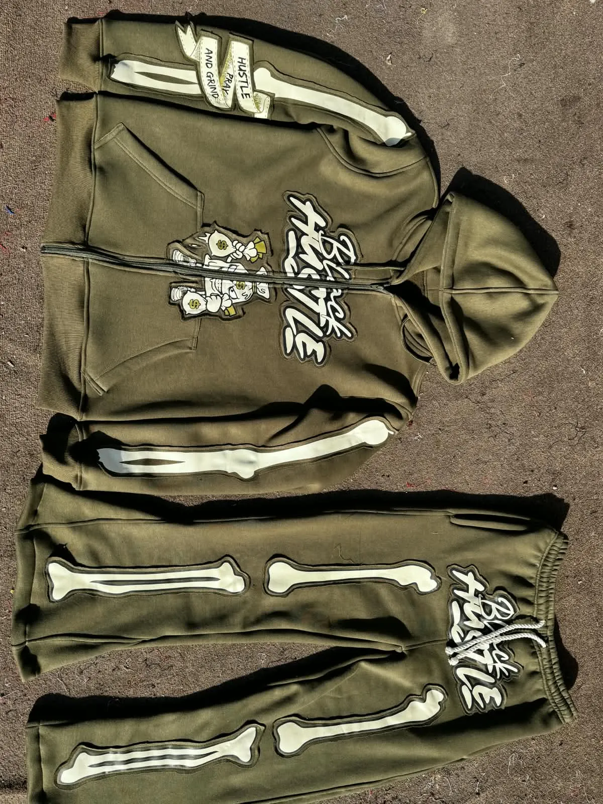 Custom olive hoodie and sweatpants set with puff print made by Ravix Pro Industry clothing manufacturer in Sialkot, Pakistan
