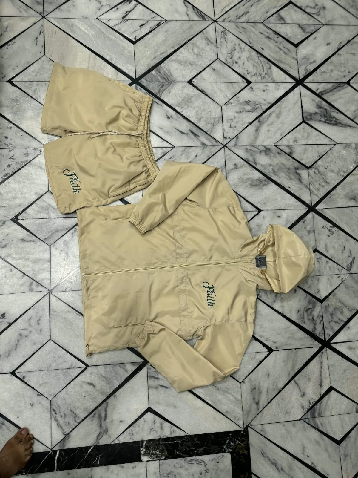 Custom beige hoodie and shorts set made by Ravix Pro Industry clothing manufacturer in Sialkot, Pakistan