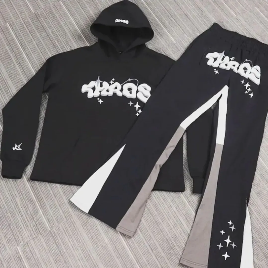 Custom black hoodie and flare pants set made by Ravix Pro Industry clothing manufacturer in Sialkot, Pakistan